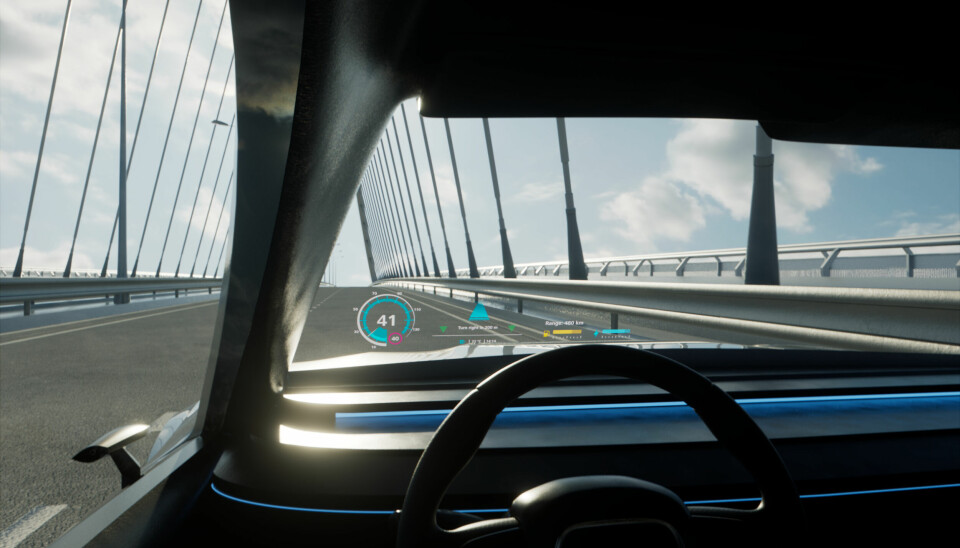 Holographic transparent display shows speed, navigation, fuel and battery power on a vehicle's windshield, powered by Zeiss HOE technology