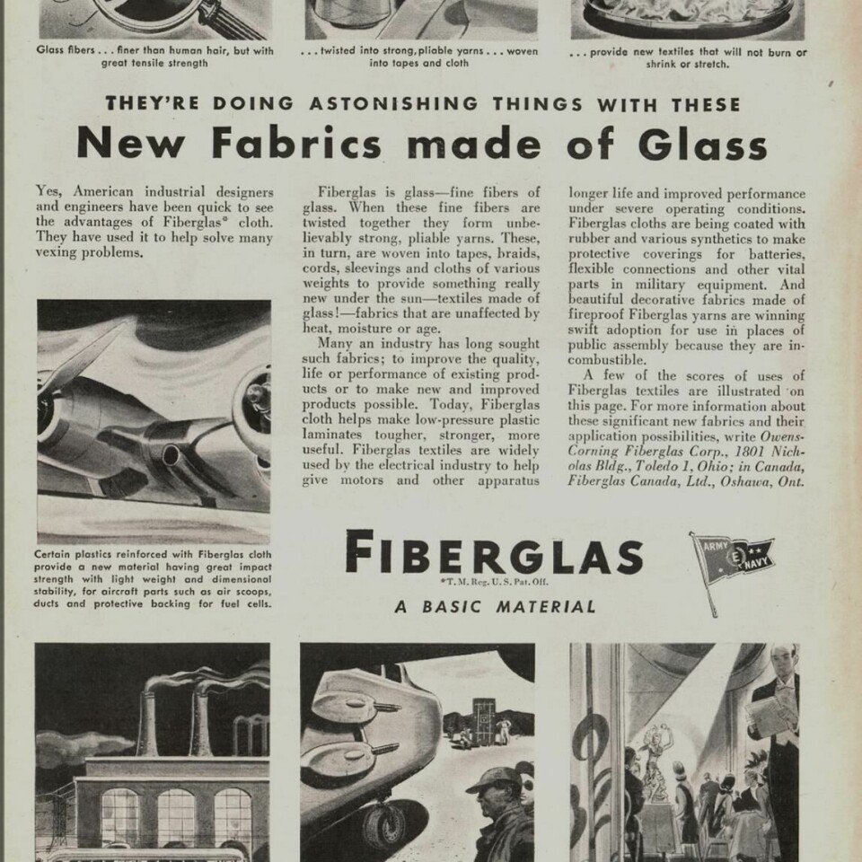 Wartime Fiberglas advert from Time magazine extolling the virtue of the new wonder material FiberglasAd