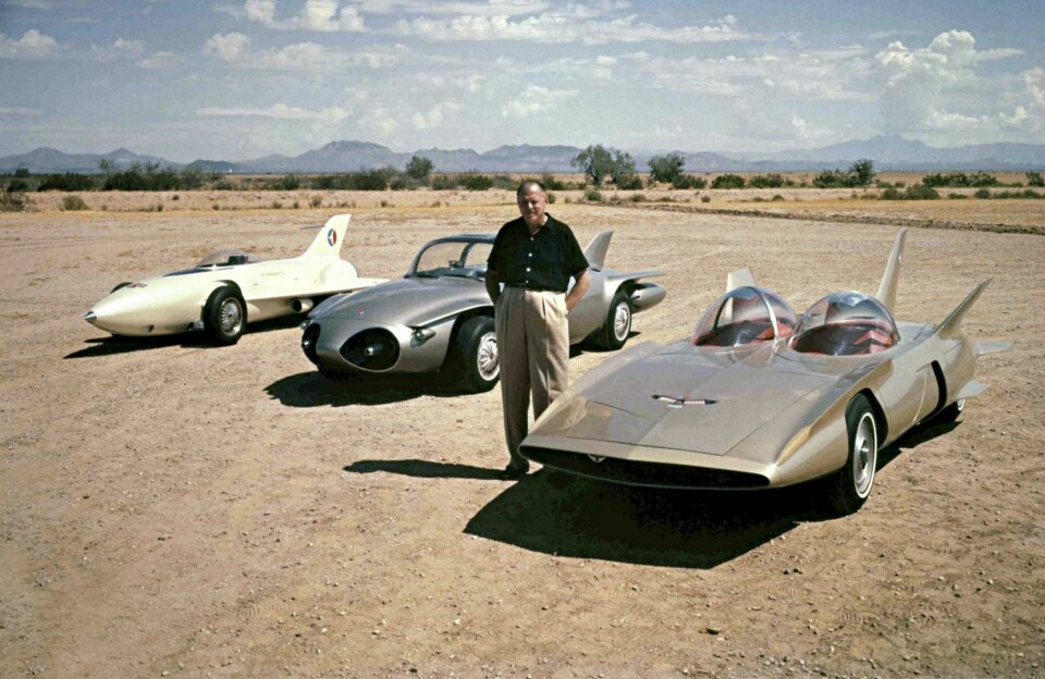 The legendary Harley Earl standing with Firebirds I, II, and III (closest to camera) Harley Earl Firebirds