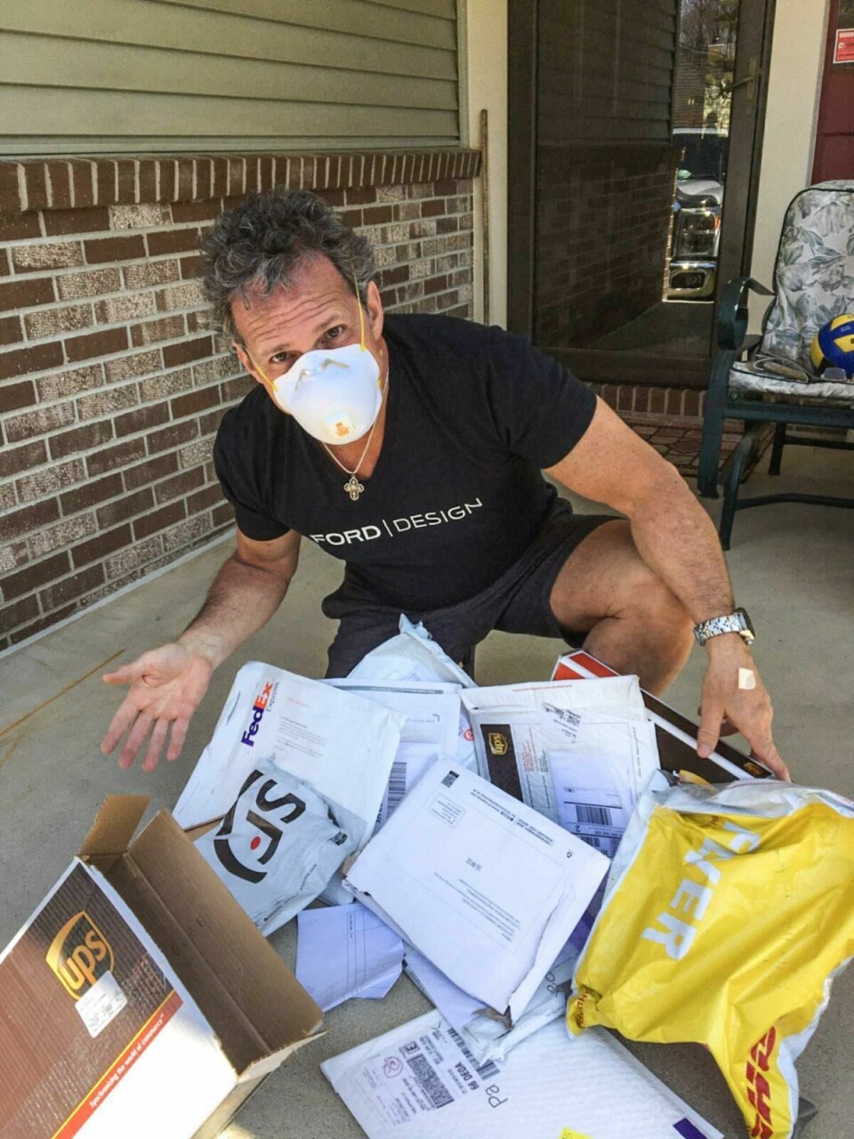 Allen Brown, Ford’s colour and materials design manager, receives a shipment of materials at home Allen Brown Ford colour and materials 2