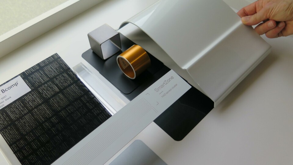 Colour and trim samples used in the Polestar Precept concept Polestar Precept - C&T inc. (left) dark flax fibre by Bcomp