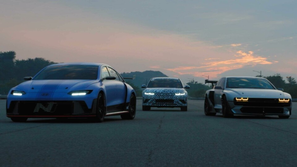 A teaser of what is thought to be the Hyundai Ioniq 5 N, pictured in the centre Hyundai N rolling lab