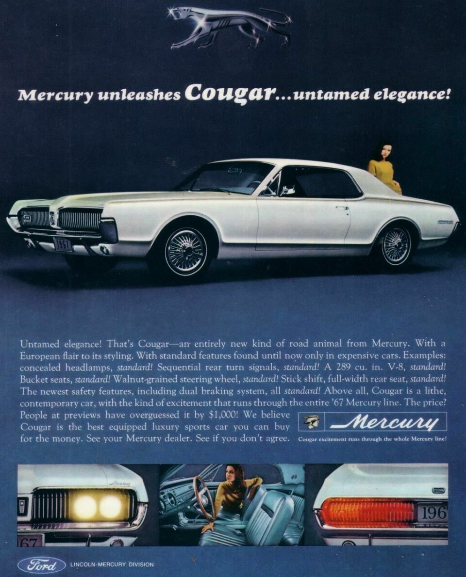 1967 Mercury Cougar with sequential rear turn signals “as standard” 1967-Mercury-Cougar-advert
