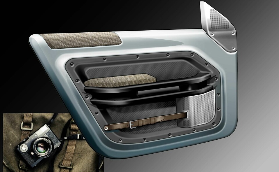 Initial door sketches explored the use of canvas fabrics, exposed fixings, leather straps and buckles. The door inners feature large exposed areas of painted metal, with delicate surfacing to give more of a premium feel. More conventional automotive door casings were investigated, but finally rejected in favour of a more authentic approach. CDN Land Rover Defender 2019 L663_5_17