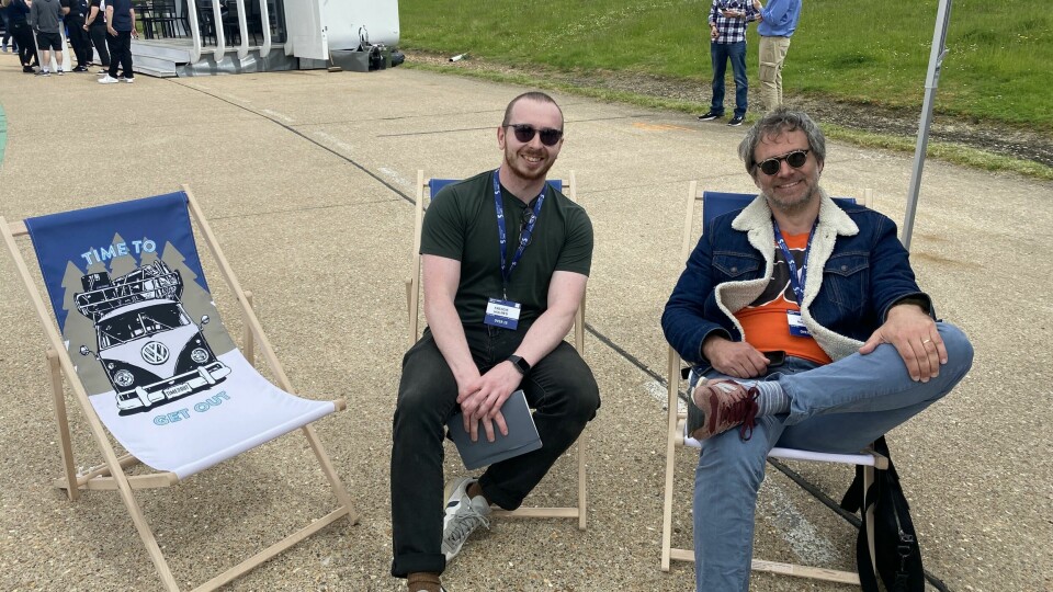 CDN’s Freddie Holmes (left) and James McLachlan taking full advantage of VW’s deck chairs SMMT test day 2023 Mark Smyth8400