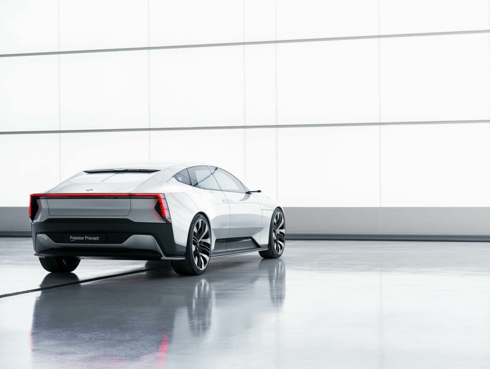Precept, rear viewThe rear window has been removed, with the Precept relying on cameras for a rear-view mirror. The full-width taillights create a commanding visual presence and sharp vertical air blades bookend the aero elements on the rest of this concept. Polestar_Precept_039