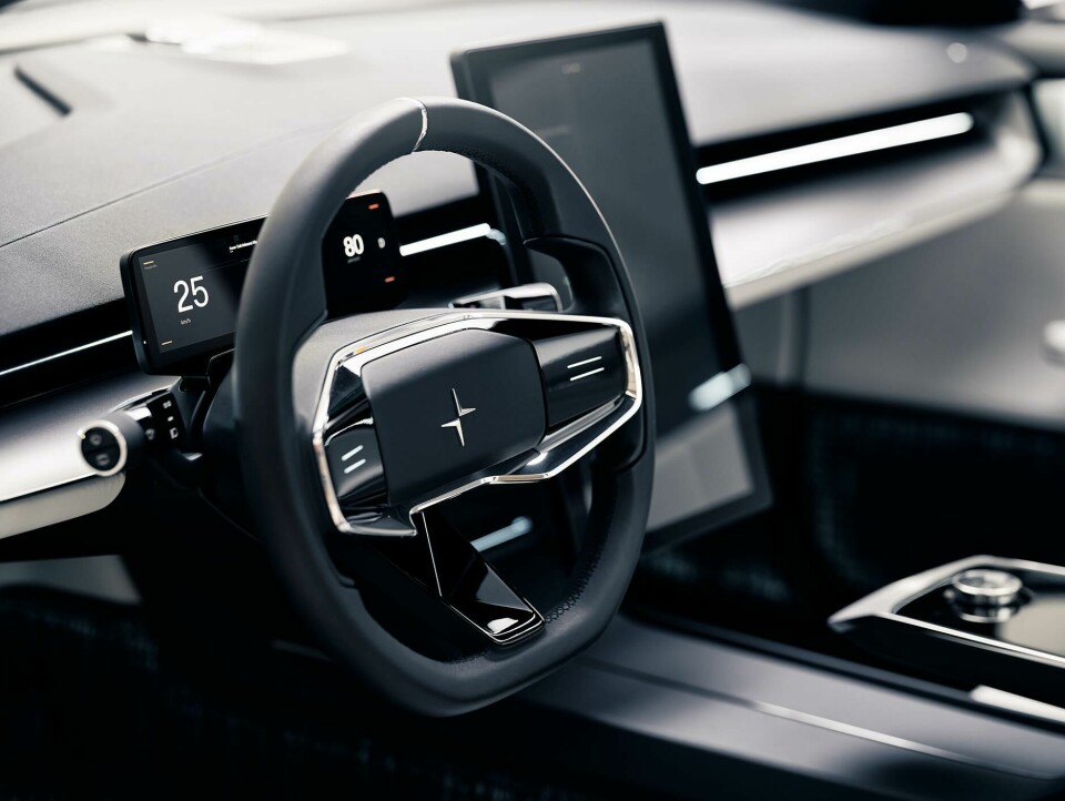 DashThe dashboard has become a set-back horizontal structure to house the air vents, with all of the controls integrated into either the steering wheel or the portrait touchscreen. Polestar_Precept_026a