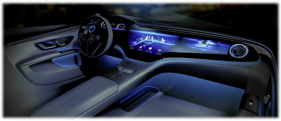 Mercedes was first out of the blocks with the expansive and aptly-named Hyperscreen Merc EQS - int Hyperscreen render (night)