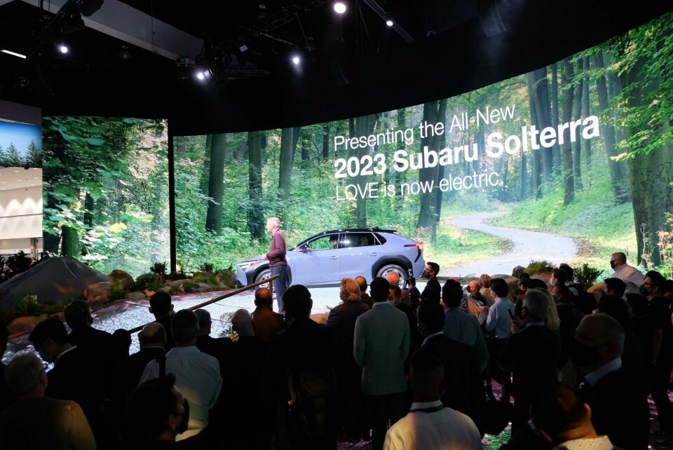 Thomas Doll, president and chief executive of Subaru of America, unveils the Solterra Subaru Solterra