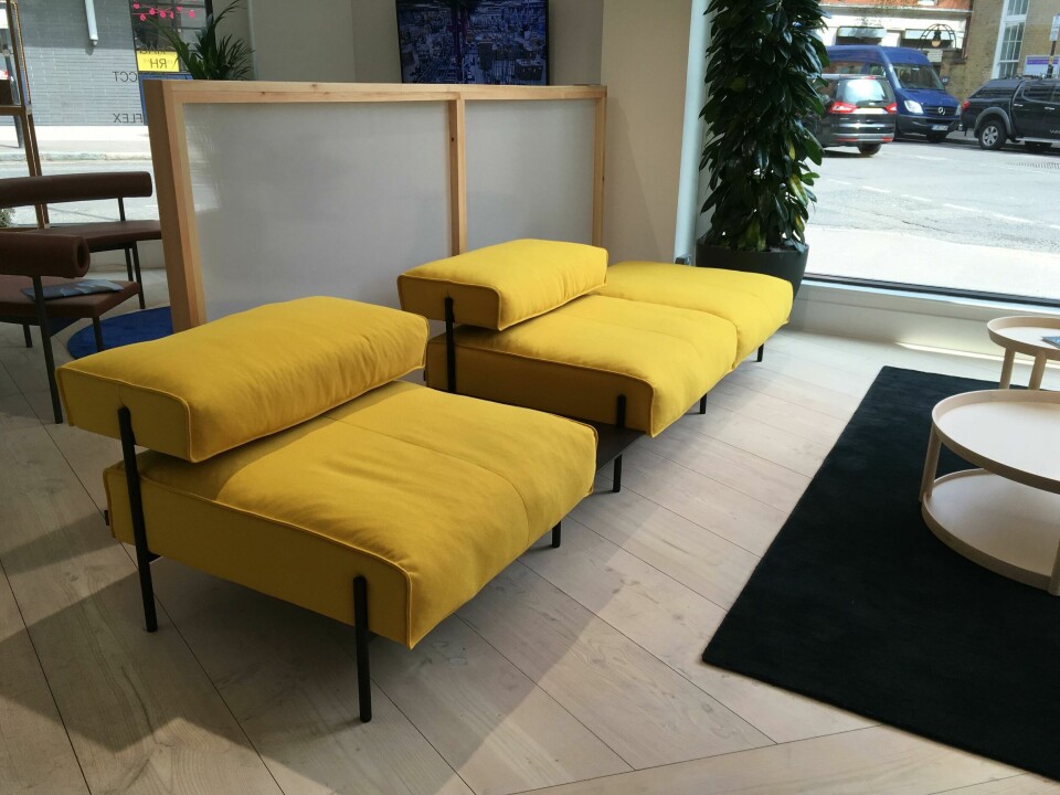 Workplace or home? A particularly comfy-looking, low-set sofa in the Flokk showroom CDN Clerkenwell Design Week 2019 flokk