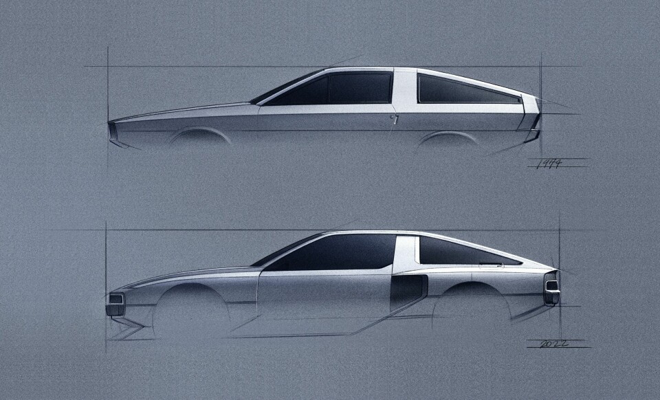 The Hyundai N Vision 74 (below) compared to the original Pony Coupé Hyundai N Vision 74 - ext side vs Pony Coupe sketches