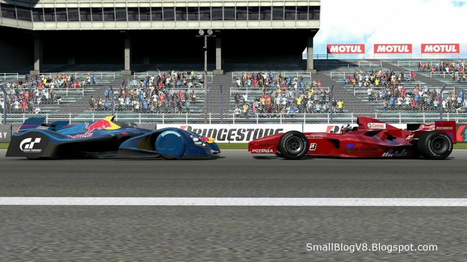Red Bull’s unrestricted racecar poses opposite a traditional-style F1 design… by Gran Turismo Red Bull X1 vs Formula GT_NoseToNose