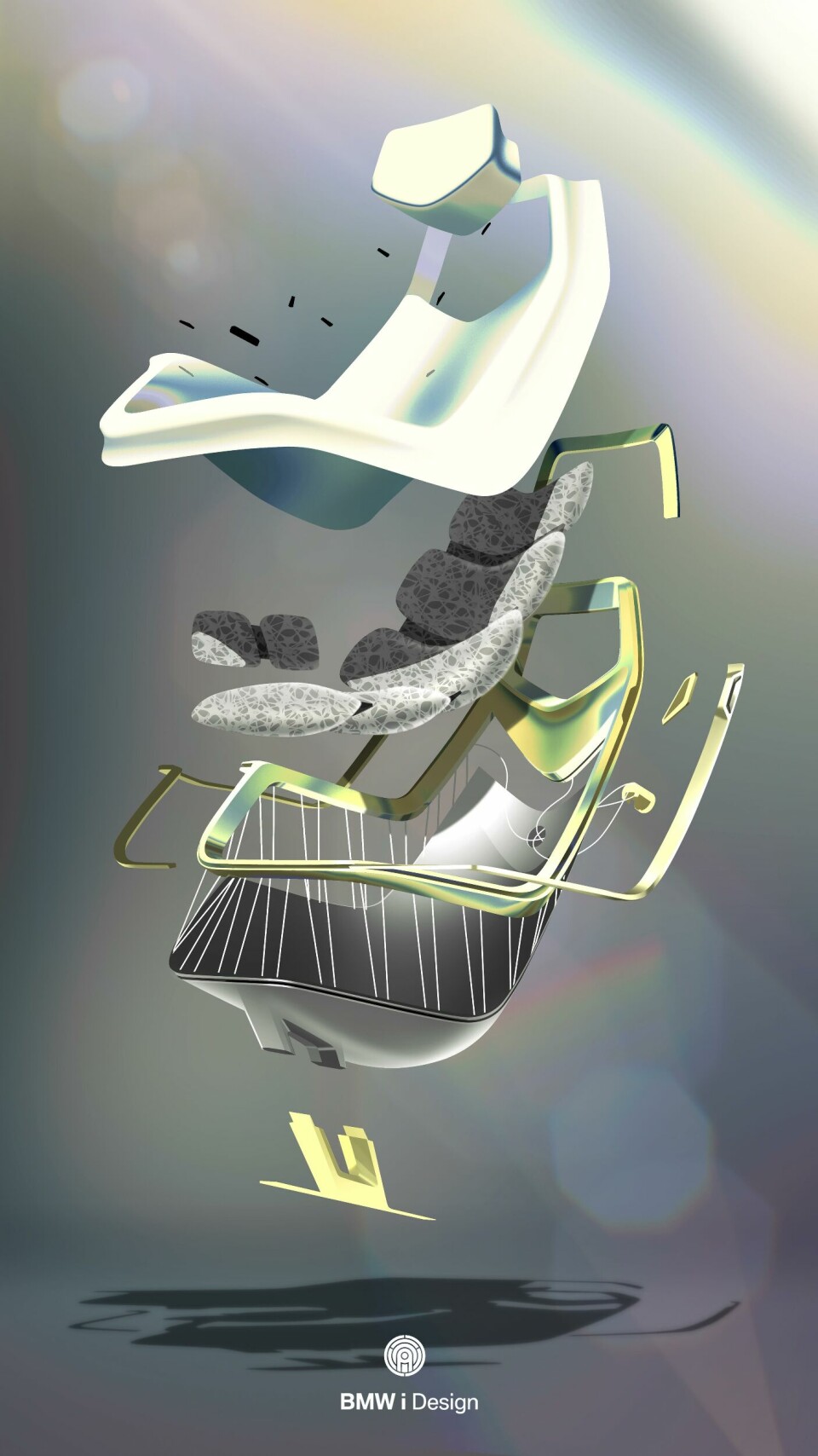 An exploded diagram of the BMW i Vision Circular seat structure 2021 BMW i Vision Circular - int sketch (seat exploded)