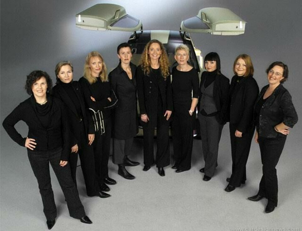 The nine women behind the YCC: Maria Widell Christiansen (Project Manager Design), Eva-Lisa Andersson (Project manager YCC), Elna Holmberg, Maria Uggla (Responsible Colour & Trim), Camilla Palmertz, Cynthia Charwick (Responsible Interior design), Anna Rosen (Responsible Exterior design), Lena Ekelund, Tatiana Butovitsch Temm Volvo YCC 16