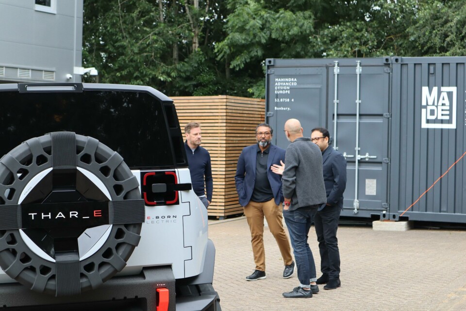 L-R: David Hopwood (CMF), CDN’s Abel Sampson, Phil Gillman (interiors) and chief design officer Pratap Bose Mahindra THARe prototype with CDN_0840
