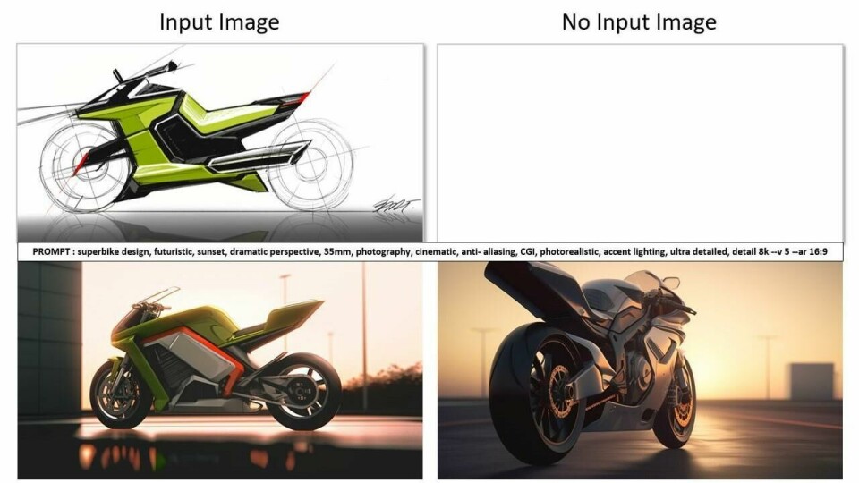Motorcycle Design from hand sketch (or none) to MidJourney Bike AI exercise
