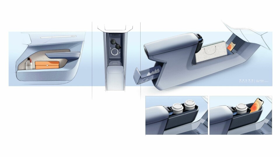 Sketches show the innovative storage solutions of the centre console and door card 313352_Volvo_EX30_Interior_Sketch (1)