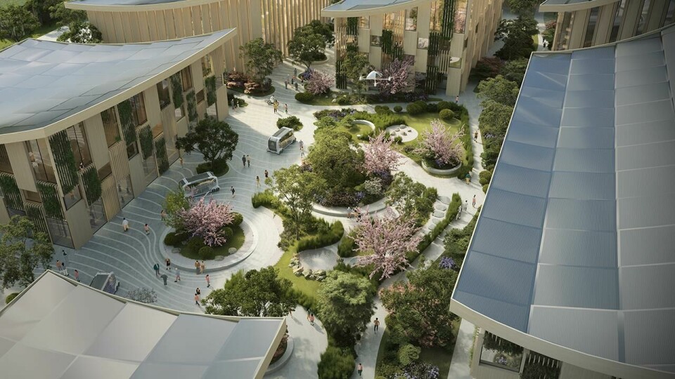 A Woven-City neighbourhood – buildings and transport in an urban park setting. CES 2020 Toyota Woven-City-04