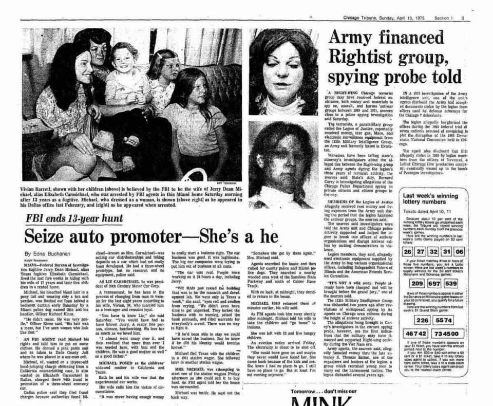 A clipping from the April 13, 1975 Chicago Tribune. Carmichael’s family, including the true mother of the five children, is shown upper left Liz Carmichael_The Dale
